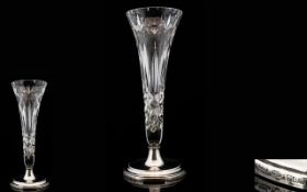 Elizabeth II Elegant Silver Based Cut Glass Tapered Vase of Tulip Form / Shape.