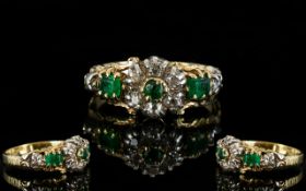 Antique Period Attractive 18ct Gold Emerald and Diamond Set Cluster Ring,