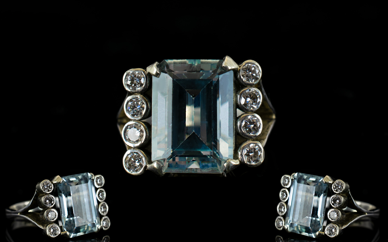 Ladies - Nice Quality Large and Impressive 9ct Gold Aquamarine and Diamond Set Dress Ring.