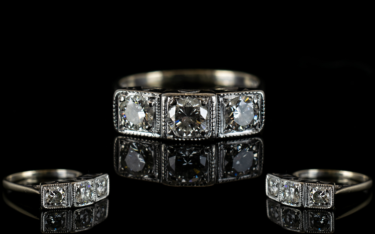 18ct White Gold Three Stone Diamond Set Ring Of Superb Quality Fully hallmarked for 750,