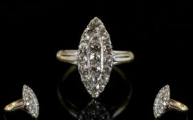 Antique Period 18ct Gold Marquoise Shaped Diamond Set Dress Ring of Attractive Form,