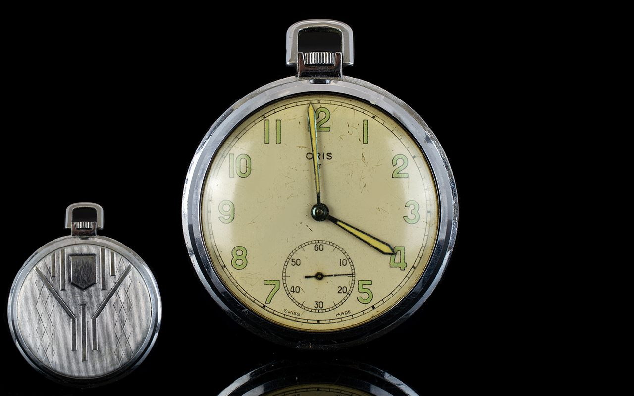 Art Deco Period Oris - Mechanical Slim fold Chrome Cased Open Faced Pocket Watch.