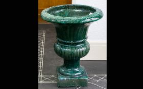 Campana Form Glazed Terracotta Jardiniere Green speckled stone effect finish, 25 inches in height,