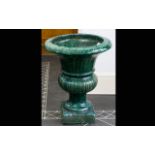 Campana Form Glazed Terracotta Jardiniere Green speckled stone effect finish, 25 inches in height,