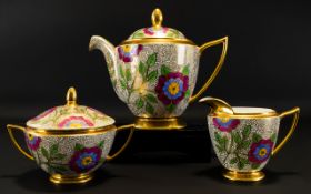 Art Deco Hand Painted Three Piece Tea Service Comprising Teapot,