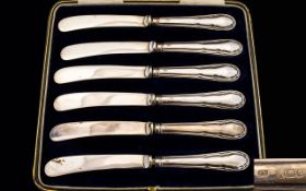 George V Boxed Set of Six Silver Handle Butter Knives, Shaped Handles.