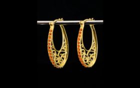 Fire Opal Elongated Hoop Earrings, round cut fire opals, totalling 1ct,