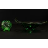 Murano Green Glass Bowl Handblown ovoid footed fruit bowl in emerald tone glass, 13 inches in