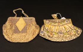 Antique Beaded Evening Bags Two in total to include pale gold silk and seed bead top clasp bag,