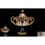Royal Crown Derby Fine Quality Imari Pattern / Gold Band Twin Handle Lidded Pedestal Vase,
