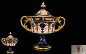 Royal Crown Derby Fine Quality Imari Pattern / Gold Band Twin Handle Lidded Pedestal Vase,