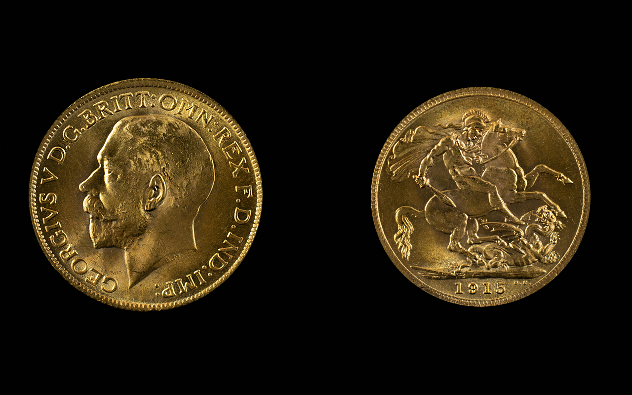 George V 22ct Gold Full Sovereign - Date 1915. London Mint - High Grade, Nr / Mint. Weight 7.