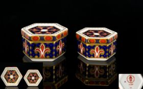 Royal Crown Derby Fine Quality Pair of Octagonal Shaped Hand Decorated Bone China Lidded Trinket