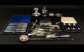 A Mixed Collection Of Silver Handled Cutlery And Dress Accessories To include toasting fork,