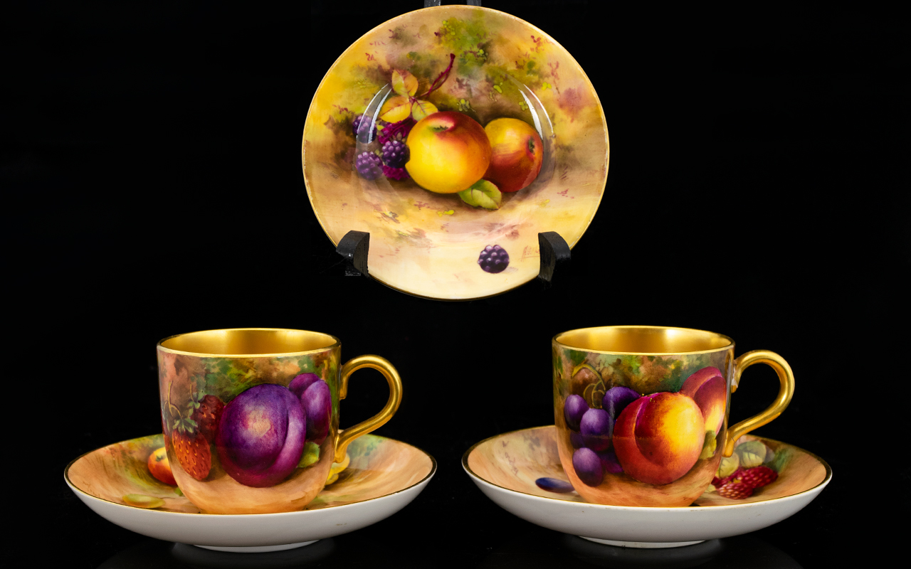 Royal Worcester Superb Quality Pair of Hand Painted ' Fruits ' Cups and Saucers + A Side Plate.