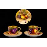 Royal Worcester Superb Quality Pair of Hand Painted ' Fruits ' Cups and Saucers + A Side Plate.