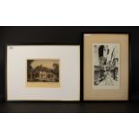 1930's Pen And Ink Illustration Depicting a street scene, framed and mounted under glass,