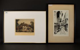 1930's Pen And Ink Illustration Depicting a street scene, framed and mounted under glass,