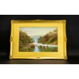 T.M Furness Original Oil On Board Untitled depiction of tranquil river scene.