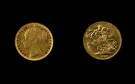 Victorian Period Young Head 22ct Gold Full Sovereign - Date 1886, Melbourne Mint - High Grade Coin.