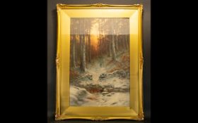 A Late 19th/Early 20th Century Framed Print Large print depicting a winter woodland scene with soft,