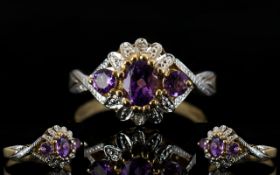 Ladies - Attractive 9ct Gold Amethyst and Diamond Set Dress Ring, Good Design.