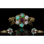 Antique Period Attractive 9ct Gold Opal and Garnet Gallery Set Dress Ring. Flower head Design.