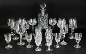 Cut Glass Drinking Set Comprising Cut Glass Decanter With Stopper With Star Burst Base,