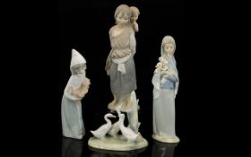 Three Lladro Figures To include 'Shepherdess With Rooster' retired 2001, sculpted by Juan Huerta.