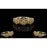 Ladies Attractive 9ct Gold - Diamond Set Dress Ring, Triple Flower head Design.