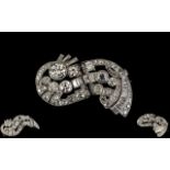 Art Deco Period - 18ct White Gold Stunning and Old Baguette Round Brilliant Cut Diamond Set Brooch