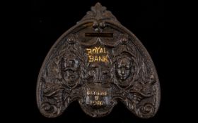 Antique Cast Brass Royal Bank Money Box Dated 1910