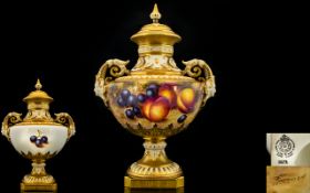 Royal Worcester Stunning - Hand Painted and Signed Twin Angel - Mask Handle Fruits Lidded Vase '