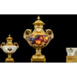 Royal Worcester Stunning - Hand Painted and Signed Twin Angel - Mask Handle Fruits Lidded Vase '