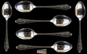 Art Deco Period Set of Six Sterling Silver Teaspoons of Good Form and Solid Construction.