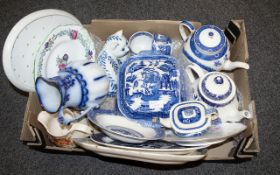 A Box Containing a Small Quantity of Blue and White Pottery to include tureen, gravy boat, plates,