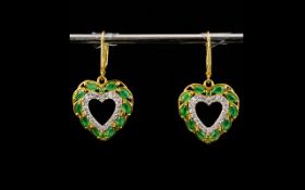 Emerald and Natural Zircon Heart Drop Earrings, 2cts of marquise cut emeralds set in a heart shape,