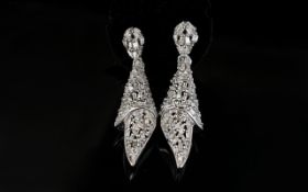 Diamond Pair of 'Linenfold' Drop Earrings,