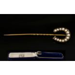 Antique Period 18ct Gold - Horse Shoe Stick Pin, The Horse Shoe Set with Seed Pearls.
