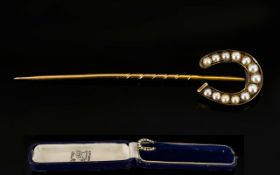 Antique Period 18ct Gold - Horse Shoe Stick Pin, The Horse Shoe Set with Seed Pearls.