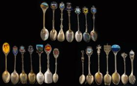 A Good Collection of Silver and Silver Plate Enamel Set Souvenir Spoons, Some Marked for Silver ( 21