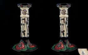 Moorcroft - Tubelined Stunning Pair of 'Rennie Mackintosh' Design Candlesticks. c.1995.