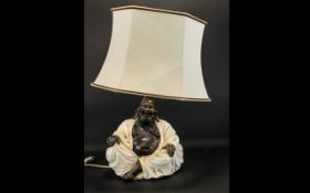 Mid 20th Century Ceramic Lamp In The Form Of Laughing Buddha Large figural lamp in painted