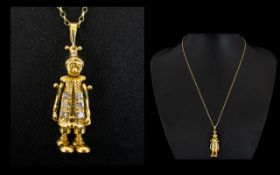 18ct Gold - Well Made Diamond Set Articulated Clown Figure / Pendant / Charm, Attached to a 9ct Gold