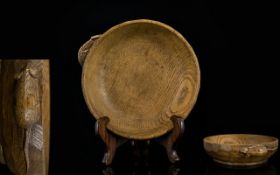 Robert Thompson Mouseman Hand Carved Oak Bowl Of circular form with integral carved mouse to body.