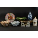 A Collection Of Oriental Items To include 19th century jar and cover in blue and white,