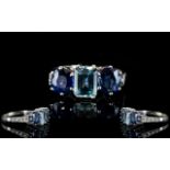 18ct White Gold Stunning Quality Three Stone Sapphire And Aquamarine Dress Ring Wonderful ring