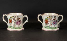 A Pair Of 19th Century Staffordshire Frog Loving Cups Each decorated with painted theatrical