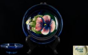 William Moorcroft Signed Small Footed Bowl 'Pansy' on Blue Ground. Circa 1920s. 4.5" - 11.