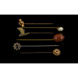 A Collection Of Six Late 19th And Early 20th Century 9ct Gold And Mixed Metal Stick Pins A good